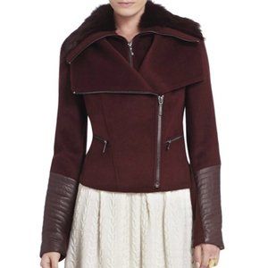 BCBGMaxAzria Burgundy Faux Fur Faux Leather Wool Blend Coat